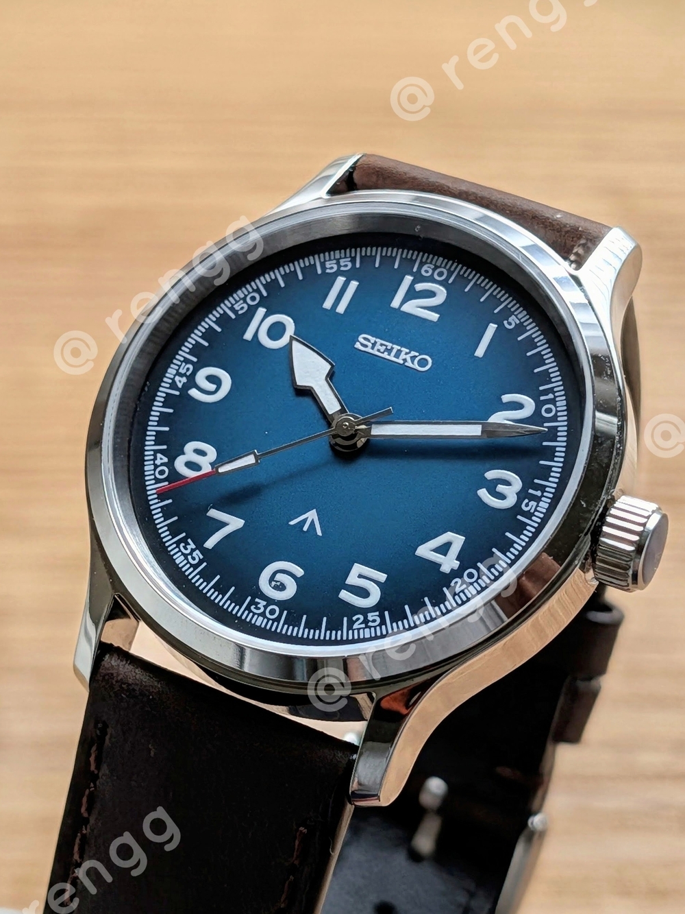40mm Seiko Blue Dial Brown Leather  Dress Watch Sapphire Smooth Sweep Second